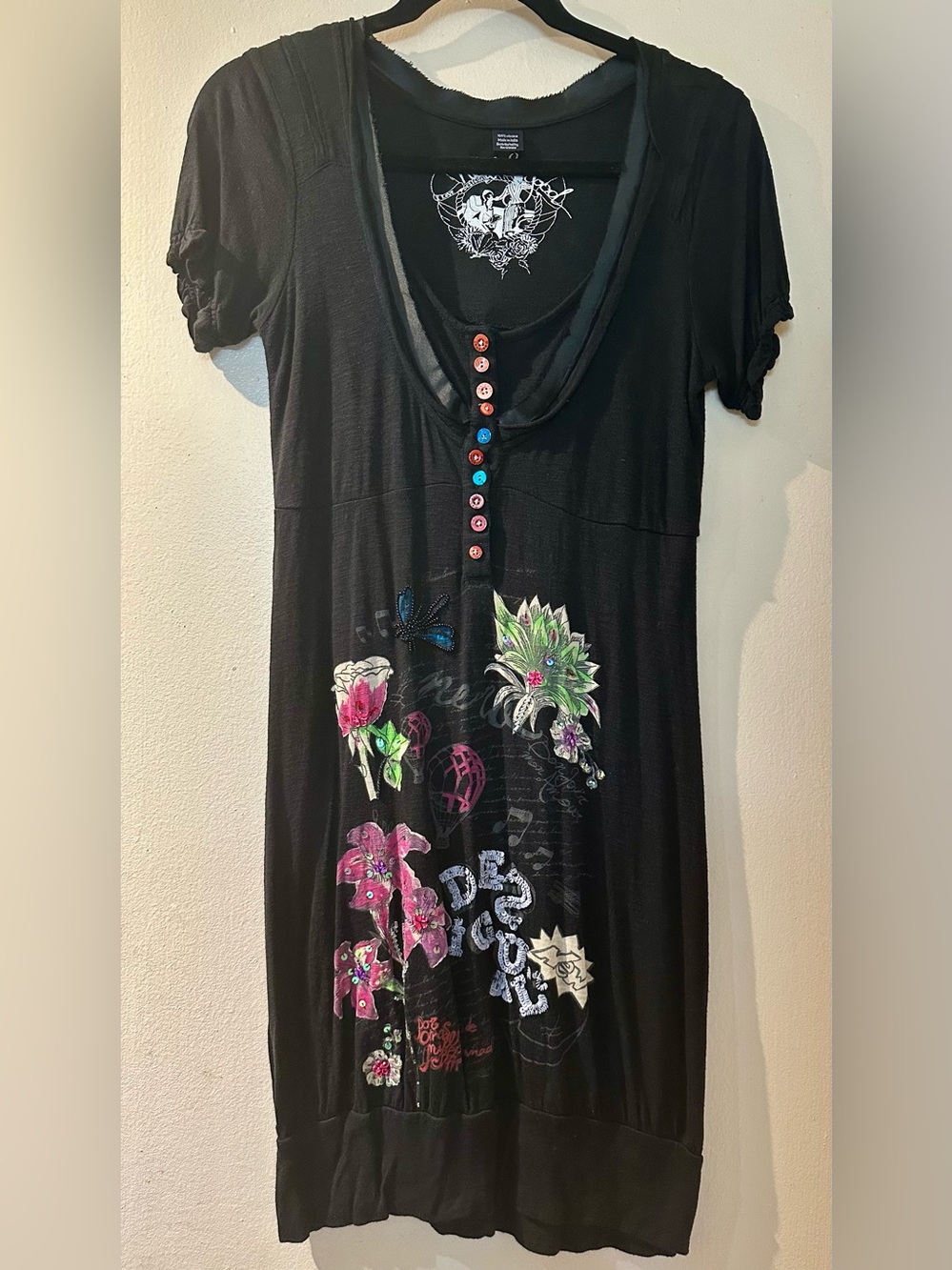 Desigual Black Whimsigoth Embroidered Floral Dragonfly Knit Mini Dress